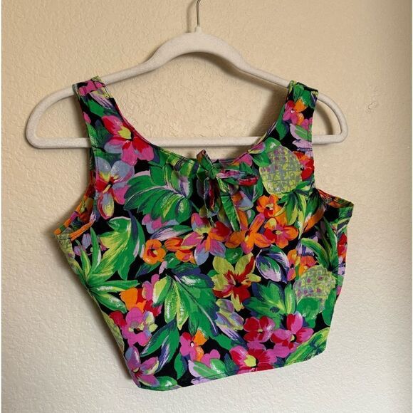 Vintage 80s Tropical Bright Crop Top Sz Small Cotton Pineapple Tie Front - Picture 2 of 4